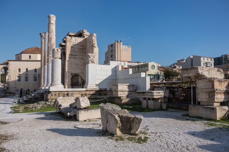 Athens,Greece - December 27, 2017:  Remains of the Hadrian's Library in Monastiraki square,Athens,Greeceのeditorial素材
