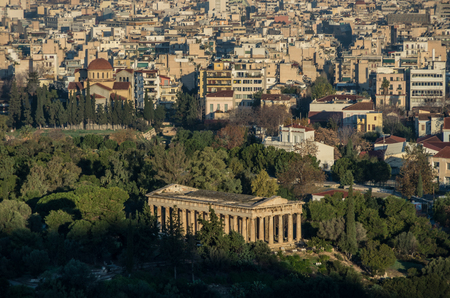 View of Athens city with Temple of Hephaestus from Acropolis hill, Greeceの写真素材