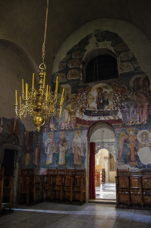 Kraljevo, Serbia -May 5, 2018: Interior with frescoes in church of Serbian Orthodox Monastery Zica, Kraljevoのeditorial素材