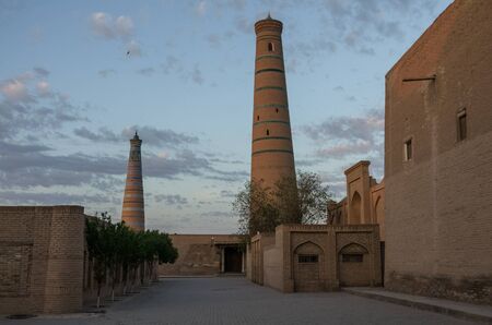 Minaret of  Islom Xoja complex in the city of Khiva. Uzbekistanのeditorial素材