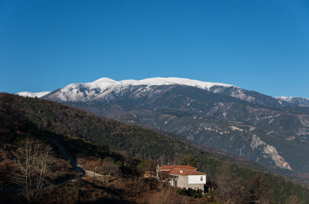 Palaios Panteleimonas village in Leptokaria region with Olympus mount at background, Greeceのeditorial素材