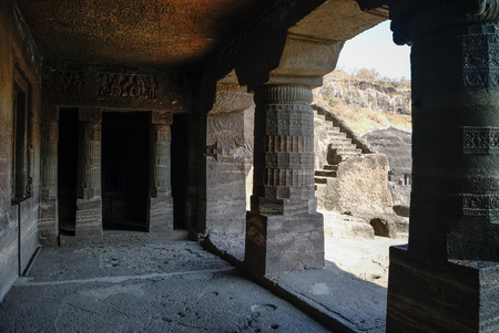 Ancient bas-relief in  Ajanta Caves in Aurangabad district in Maharashtra State of Indiaの写真素材