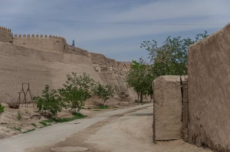 City walls of the ancient city of Ichan Kala in Khiva, a UNESCO heritage site in Uzbekistanのeditorial素材