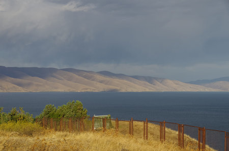 View of Lake Sevan and mountain range, from Sevanavank (Sevan Monastery) in the Gegharkunik Province...