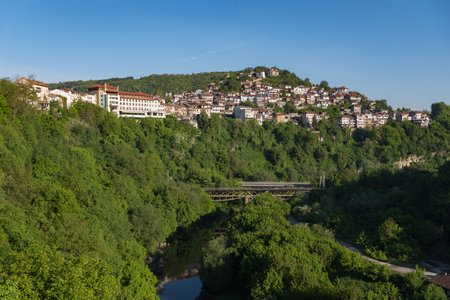 Panoramic view of Veliko Tarnovo old town and bridge over Yantra river. Bulgaria