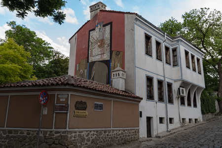 Plovdiv, Bulgaria - May 6, 2019: View of a narrow street in  historical part of  Plovdiv Old Town. Typical medieval colorful buildings. Bulgariaのeditorial素材