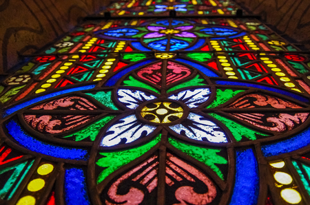 Budapest, Hungary - May 19, 2010:  Stained glass window closeup in Roman Catholic Matthias Church. Budapest, Hungaryのeditorial素材