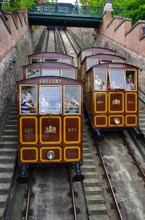 Budapest, Hungary - May 19, 2010: Budapest Castle hill funicular with vintage carriages. Hungaryのeditorial素材