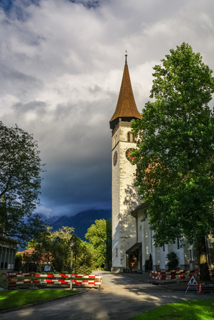 Castle church Schlosskirche and museum Schloss. Interlaken, Switzerlandのeditorial素材
