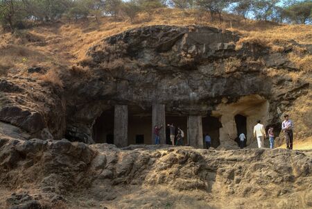 Mumbai, India - January 1, 2012: Unesco. Hindu Temple, Elephanta Island caves, near Mumbai, Bombay, Maharashtra state, Indiaのeditorial素材