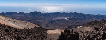 View from Teide Ñ‚Ð¾ Las Canadas Caldera volcano with solidified lava and Montana Blanca mount....