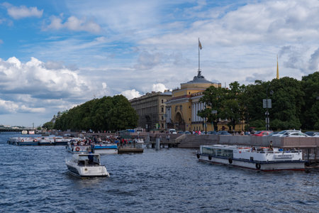 Saint Petersburg, Russia - June 3, 2020: Arch of Admiralty building on Admiralty embankment and pier...