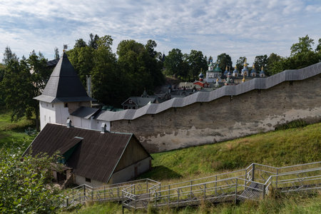 Tower of the Lower Lattices with fortress wall of Holy Dormition Pskovo-Pechersky Monastery....