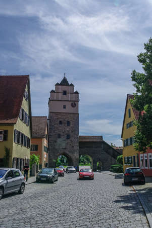 Dinkelsbuhl, Germany - August 28, 2010: Street view of Dinkelsbuhl, one of the archetypal towns on the German Romantic Road with traditional frameworks (Fachwerk) house.のeditorial素材