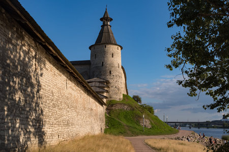 Wall and Kutecroma tower in Pskov Krom (Kremlin), Russiaのeditorial素材