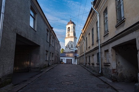 Vyborg, Russia - August 29, 2021: Vyborg Clock Tower. Belfry of the Vyborg Cathedral, destroyed during the Soviet-Finnish warのeditorial素材