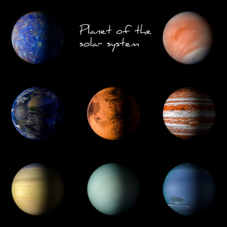 Set of solar system planets on black background 3d rendering.