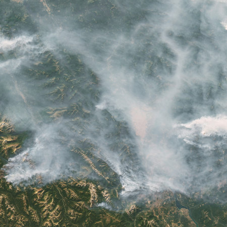 Wildfire from aerial. Fire and smoke. Forest fire.