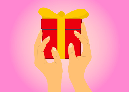hands holding a gift with a bow on a pink backgroundのイラスト素材