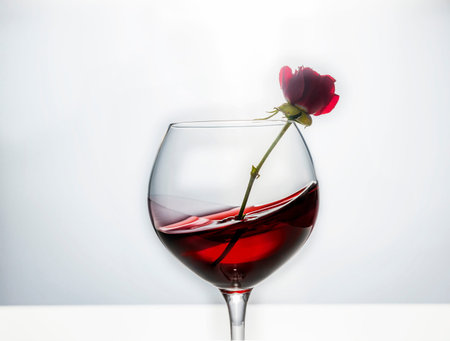 Red Rose in a glass goblet with red wineの写真素材