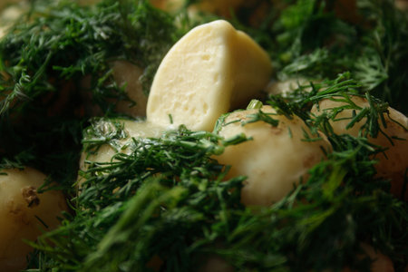 Boilled young potato with dill and butter. It's very simply and tasty dish.の写真素材