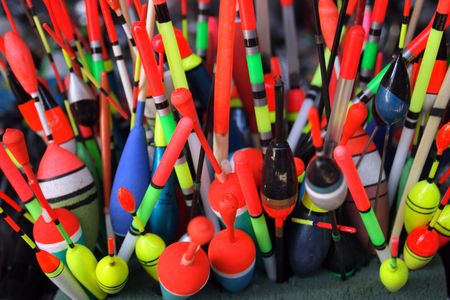 Many fishing floats on a counter of shopの写真素材