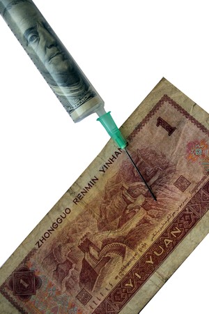 US dollar give the helr to Chinise yuan. Creative photoの写真素材
