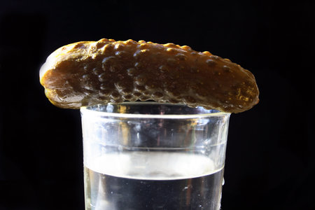 vodka glass and salting cucymber on black background の写真素材