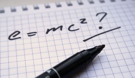 Whether Einstein was right? The formula of the well-known physicist with a sign on a question in the endの写真素材