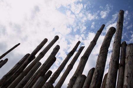 Wooden paling from the sharp raw logsの写真素材