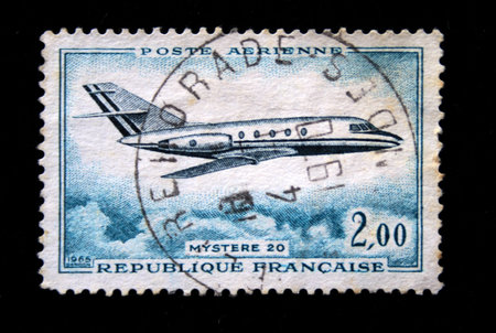 FRANCE - CIRCA 1965: a stamp printed by France show passenger jet Mistere 20 circa 1965の写真素材