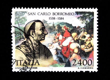 A stamp printed in Italia show San Carlo Borromeo circa 1988の素材 [FY3105326001]