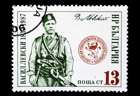A stamp printed in Bulgaria shows national hero of Bulgaria Vasil Levski circa 1987 の写真素材