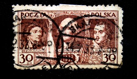A stamp printed in Poland shows Kosctuszko, Washington and Pulaski circa 1950sの写真素材