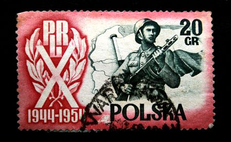 A stamp printed in Poland devoted 10 years of People Republic Poland, shows solger circa 1954の写真素材