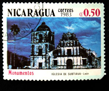 A stamp printed in Nicaragua shows Iglesia de Subtiava in Leon, one stamp from series, circa 1983の写真素材