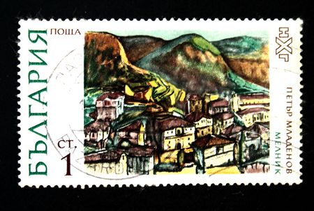A stamp printed in Bulgaria shows paint by artist Petr Mladenov のeditorial素材