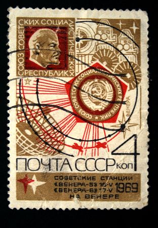 A stamp printed in the USSR devoted Soviet satellites Venus-5 and Venus-6 on a planet Venus, circa 1969の写真素材