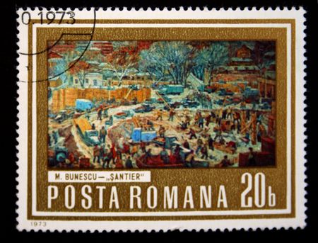 A stamp printed in Romania  show picture of the artist Bunescu "Bulding site", one stamp from series, circa 1973のeditorial素材