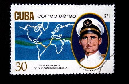 A stamp printed in Cuba shows Sea capitan Antonio Mendez Pelaez, circa 1971の写真素材