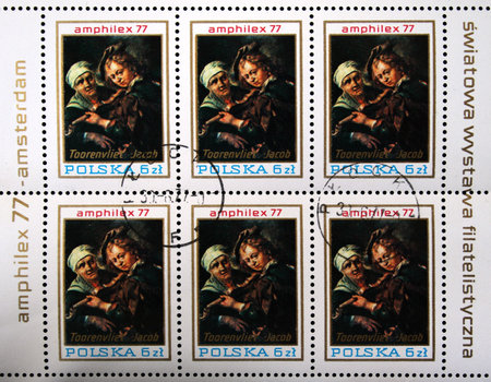 A stamp prinet in Poland shows draw of artist Jacob Toorenvliet, circa 1977