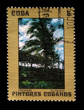 A stanp printed in Cuba hows paint of artist G.Gollazo "Cocotero", one stamp from series Cubanian paunters, circa 1976のeditorial素材