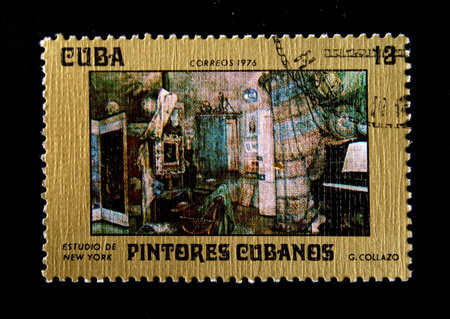 A stamp printed in Cuba hows paint of artist G.Gollazo "Lovers of the art", one stamp from series Cubanian paunters, circa 1976のeditorial素材
