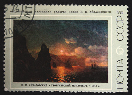 A stamp printed in the USSR shows paint of artist Ivan Aivazovsky George's monastery, one stamp of...