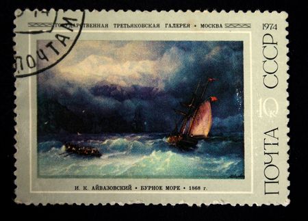A stamp printed in the USSR shows paint of artist Ivan Aivazovsky "Rough sea", one stamp of series, circa 1974のeditorial素材