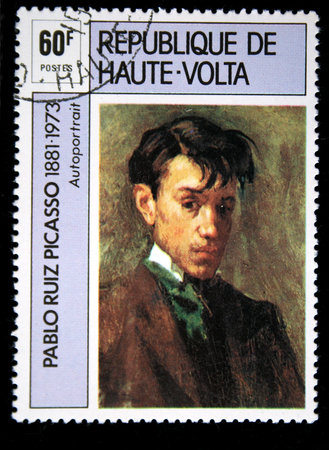 A stamp printed in Republic of Upper Volta shows draw by Pablo Picasso "Selfportrait", circa 1973のeditorial素材