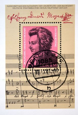 A stamp printed in GDR (East Germany) shows Mozart, circa 1981のeditorial素材