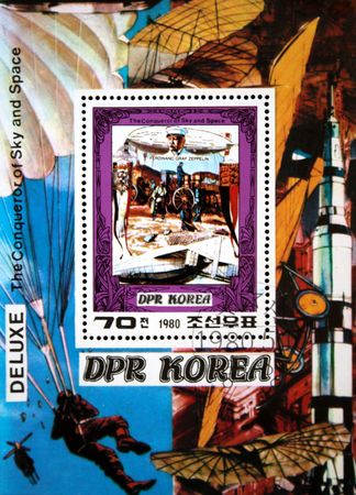 A stamp printed in DRK Korea (North Korea) shows Ferdinand Zeppelin, one stam from series The Conqueror of Sky and Space, circa 1980の写真素材