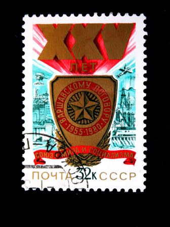 A stamp printed in the USSR devoted 25 years of Warsaw Pact, circa 1980の写真素材
