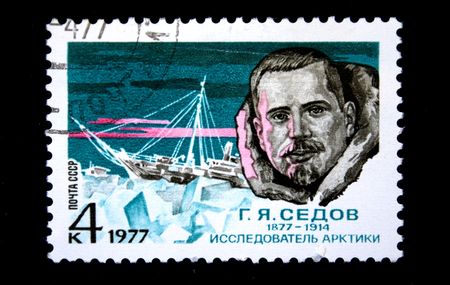 A stamp printed in the USSR shows Georgiy Sedov, circa 1977.の写真素材